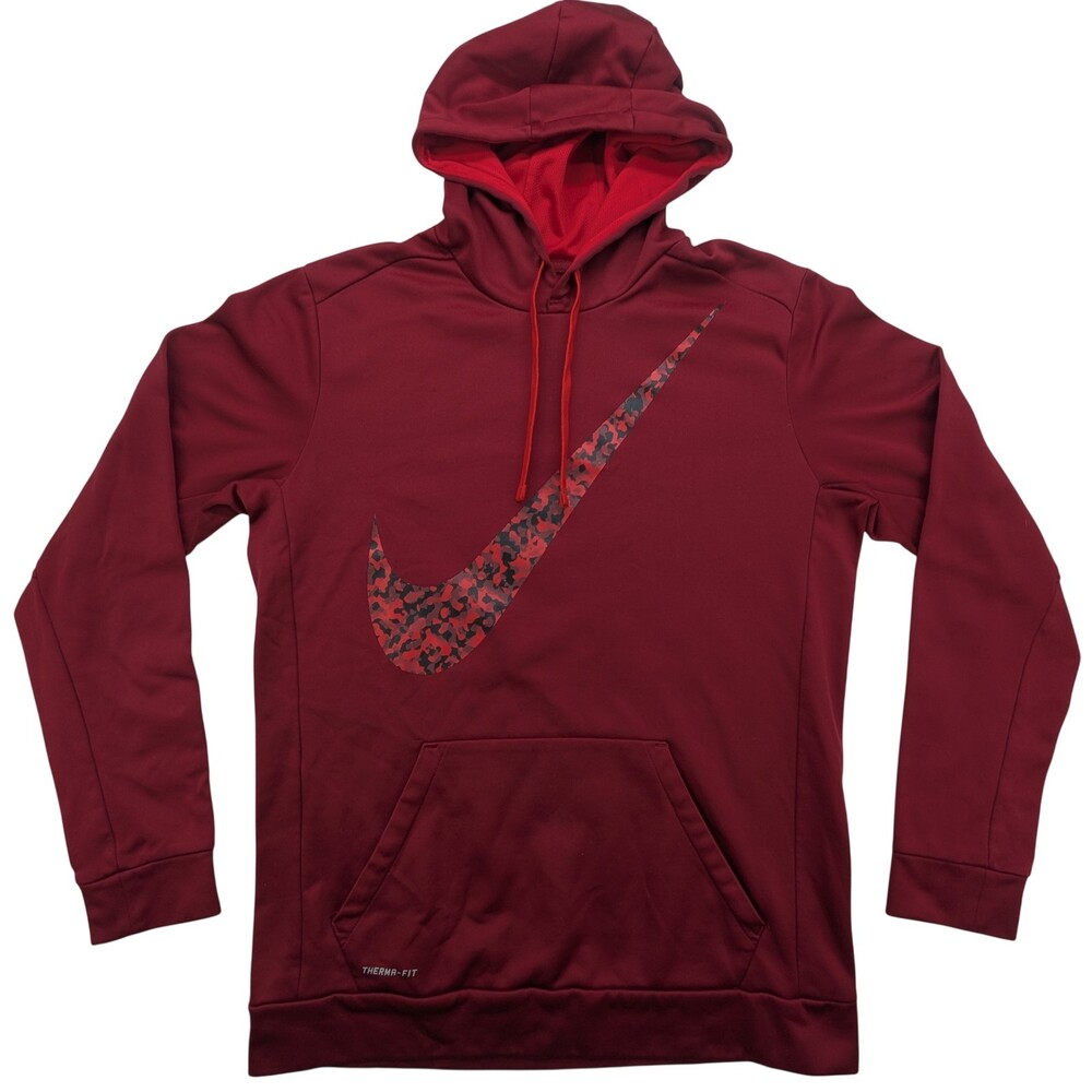 Nike Therma-Fit Hoodie Mens Large Red Camo Swoosh Pullover Sweatshirt Logo